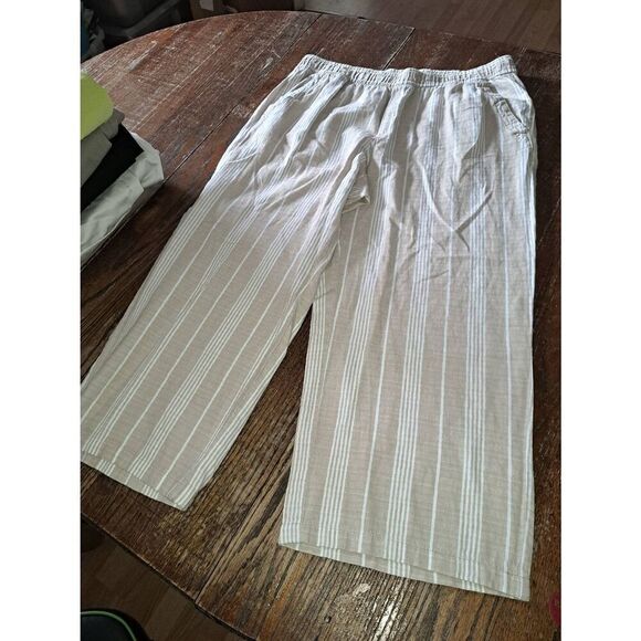 XL Old Navy Linen Cotton Tan White Striped Wide Leg Casual Cropped Pants Capris - Picture 1 of 4